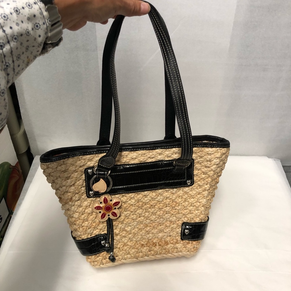 Like new Brighton summer straw weaved basket purse w/leather flower floral lined